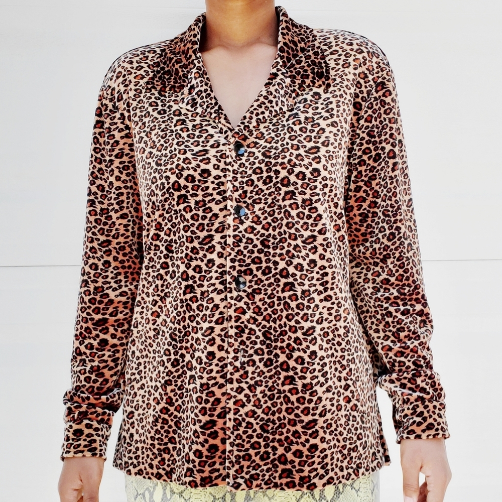 Y2K brown leopard print velvet button up blouse